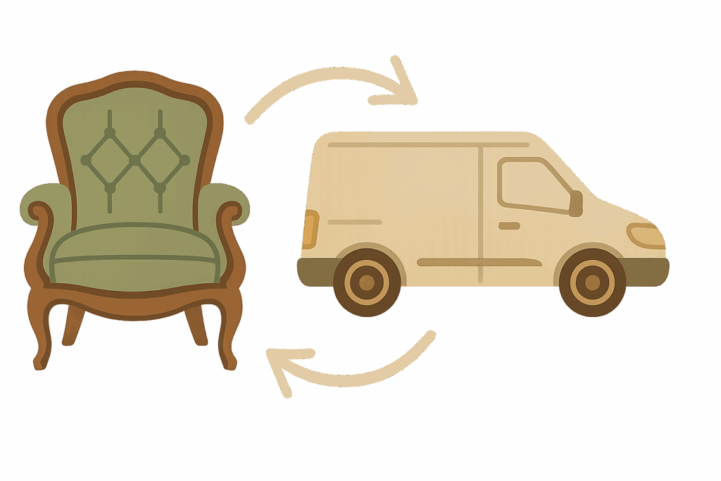 Illustration d’un fauteuil ancien et d’une camionnette symbolisant le service de retrait et livraison de meubles proposé par Tapissier L’Euro.