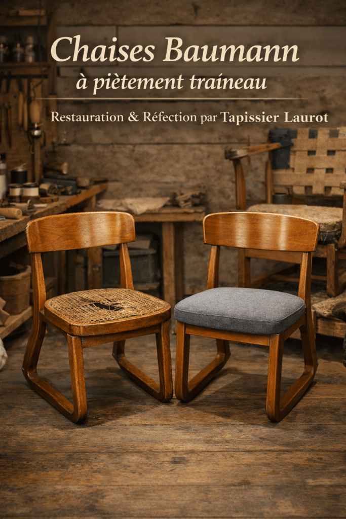 Visuel vertical montrant deux chaises Baumann à piètement traîneau dans l’atelier Tapissier Laurot, l’une avant restauration avec cannage détérioré, l’autre après réfection complète de l’assise, illustrant le savoir-faire artisanal depuis 1967.