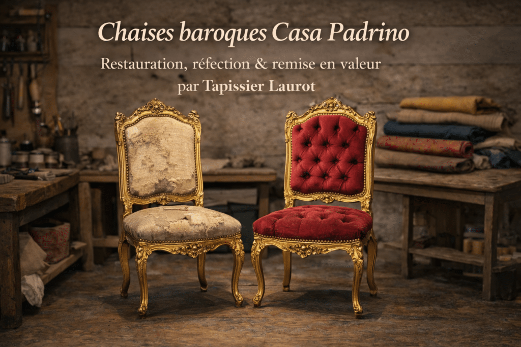 Visuel vertical montrant deux chaises Casa Padrino de style baroque dans l’atelier Tapissier Laurot, l’une avant restauration avec tissu dégradé et dorure altérée, l’autre après réfection complète avec velours capitonné et finitions dorées soignées.