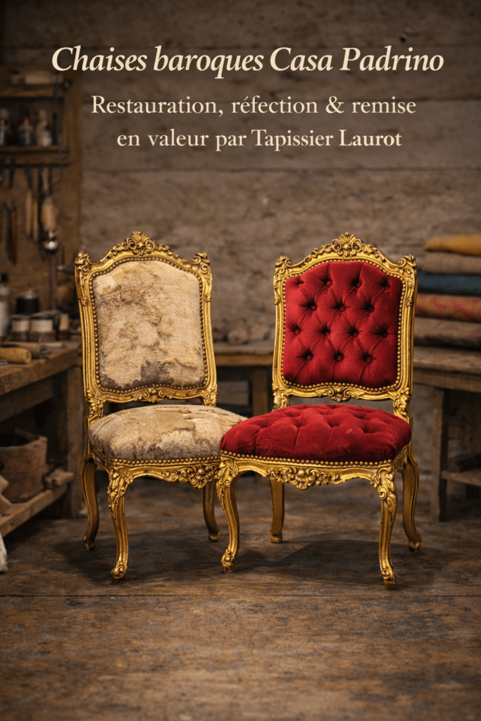 Visuel vertical montrant deux chaises Casa Padrino de style baroque dans l’atelier Tapissier Laurot, l’une avant restauration avec tissu dégradé et dorure altérée, l’autre après réfection complète avec velours capitonné et finitions dorées soignées.