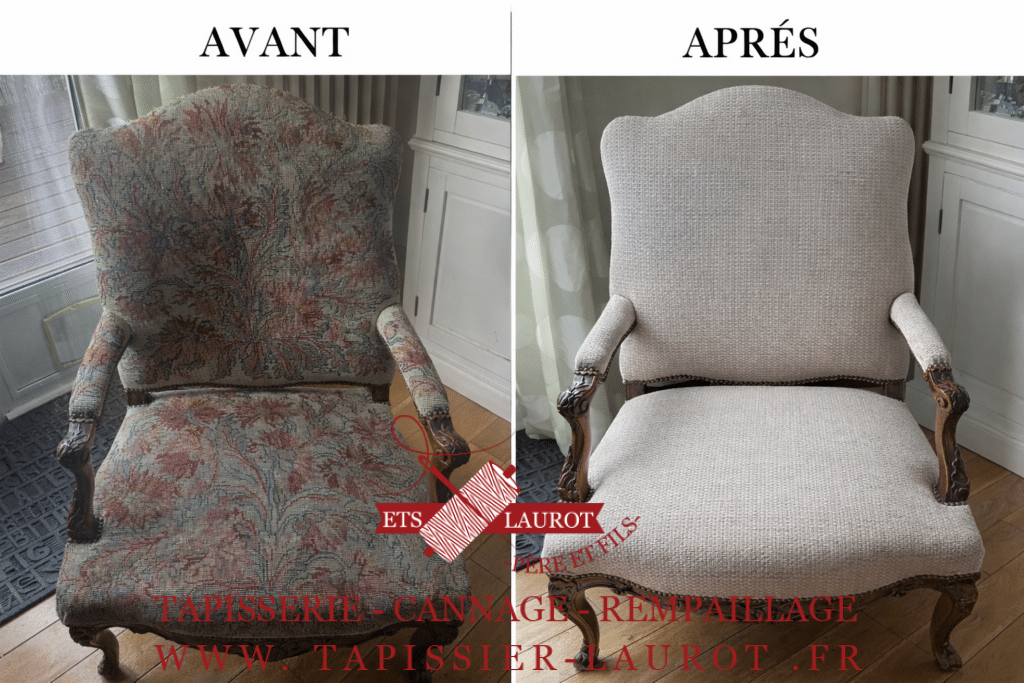 Comparatif avant après d’un fauteuil Louis XV restauré avec garnissage traditionnel en crin au Pecq 78