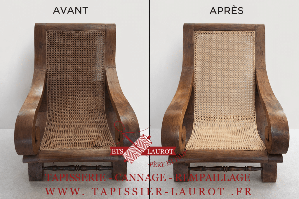 Restauration complète d’un fauteuil Art déco en bois massif avec reprise intégrale du cannage traditionnel, assise et dossier refaits à la main dans le respect du style et de la structure d’origine. Fauteuil enlevé puis relivré au domicile du client à Conflans-Sainte-Honorine, pour un rendu esthétique, durable et fidèle à l’esprit Art déco.