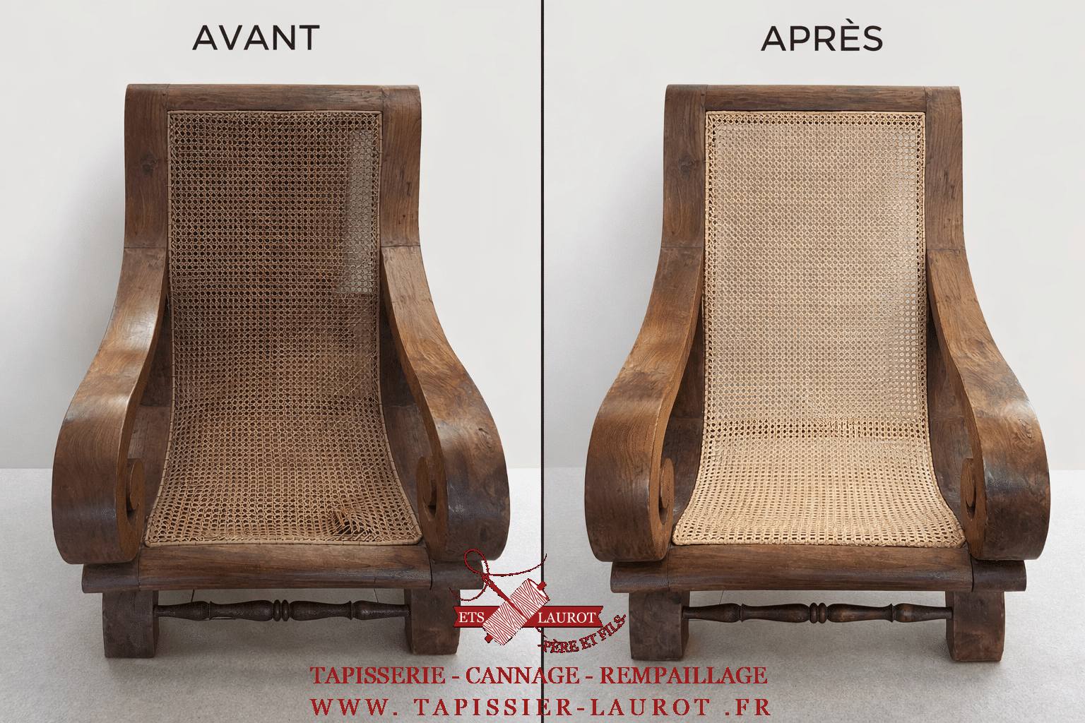 Conflans-Sainte-Honorine 16 Restauration complète d’un fauteuil Art déco en bois massif avec reprise intégrale du cannage traditionnel, assise et dossier refaits à la main dans le respect du style et de la structure d’origine. Fauteuil enlevé puis relivré au domicile du client à Conflans-Sainte-Honorine, pour un rendu esthétique, durable et fidèle à l’esprit Art déco.