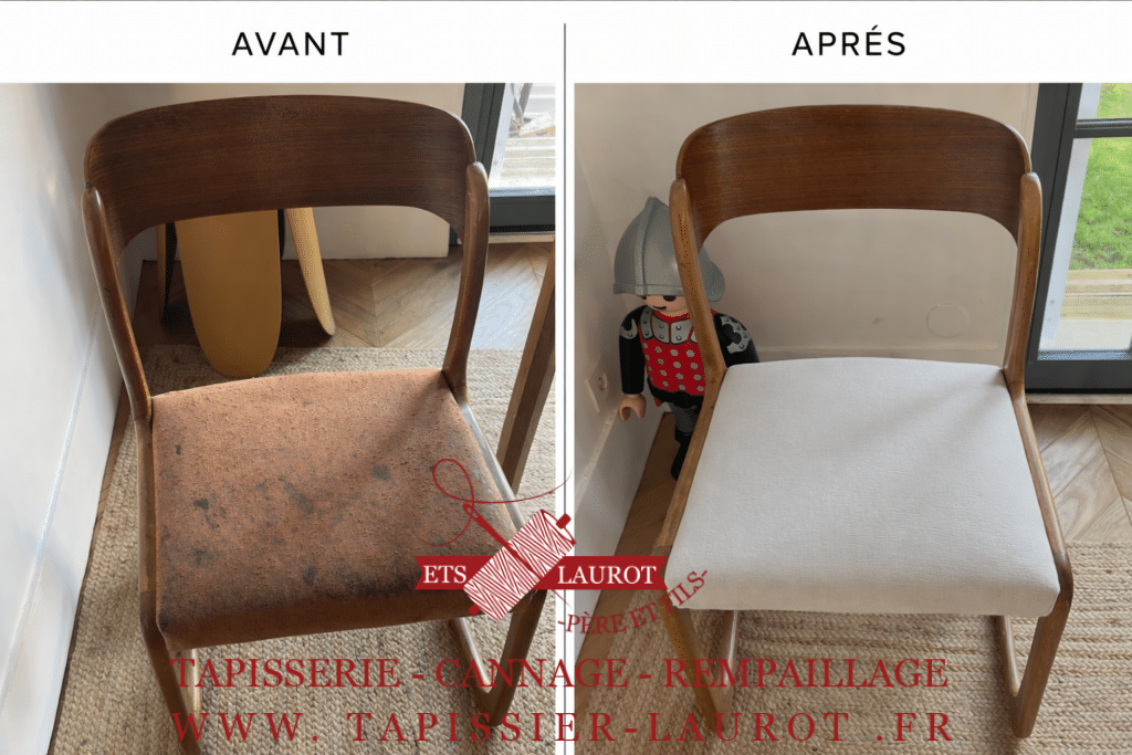 Chaise scandinave années 50-60 avant réfection à Versailles, assise usée et tachée, structure bois d’origine