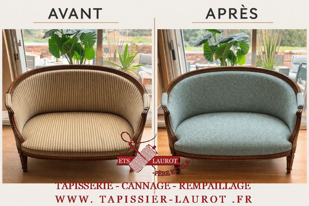 canapé Louis XVI avant restauration tissu rayé ancien canapé Louis XVI restauré avec nouveau tissu vert tapissier