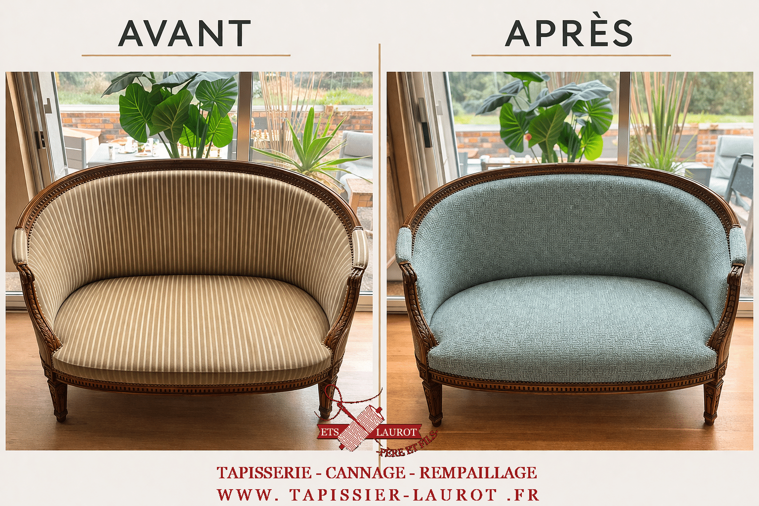 tapissier Yvelines 78 24 canapé Louis XVI avant restauration tissu rayé ancien canapé Louis XVI restauré avec nouveau tissu vert tapissier