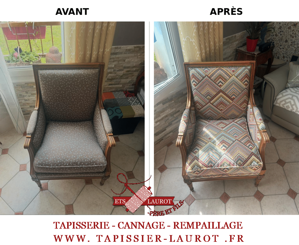 Réfection complète d’une bergère à coussin à Poissy (78) – avant après tapissier, changement de tissu et rénovation de l’assise