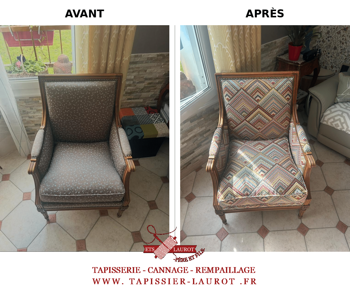 tapissier Yvelines 78 26 Réfection complète d’une bergère à coussin à Poissy (78) – avant après tapissier, changement de tissu et rénovation de l’assise