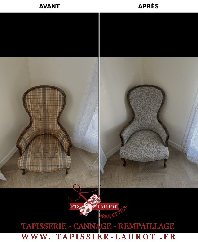 Réfection bergère Louis XV avant après Versailles tapissier garniture traditionnelle