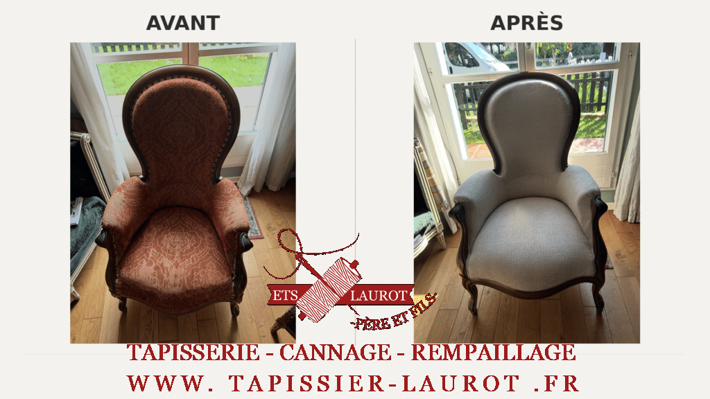 Réfection complète d’une bergère Napoléon III à Cergy dans le Val-d’Oise 95, avant après restauration par