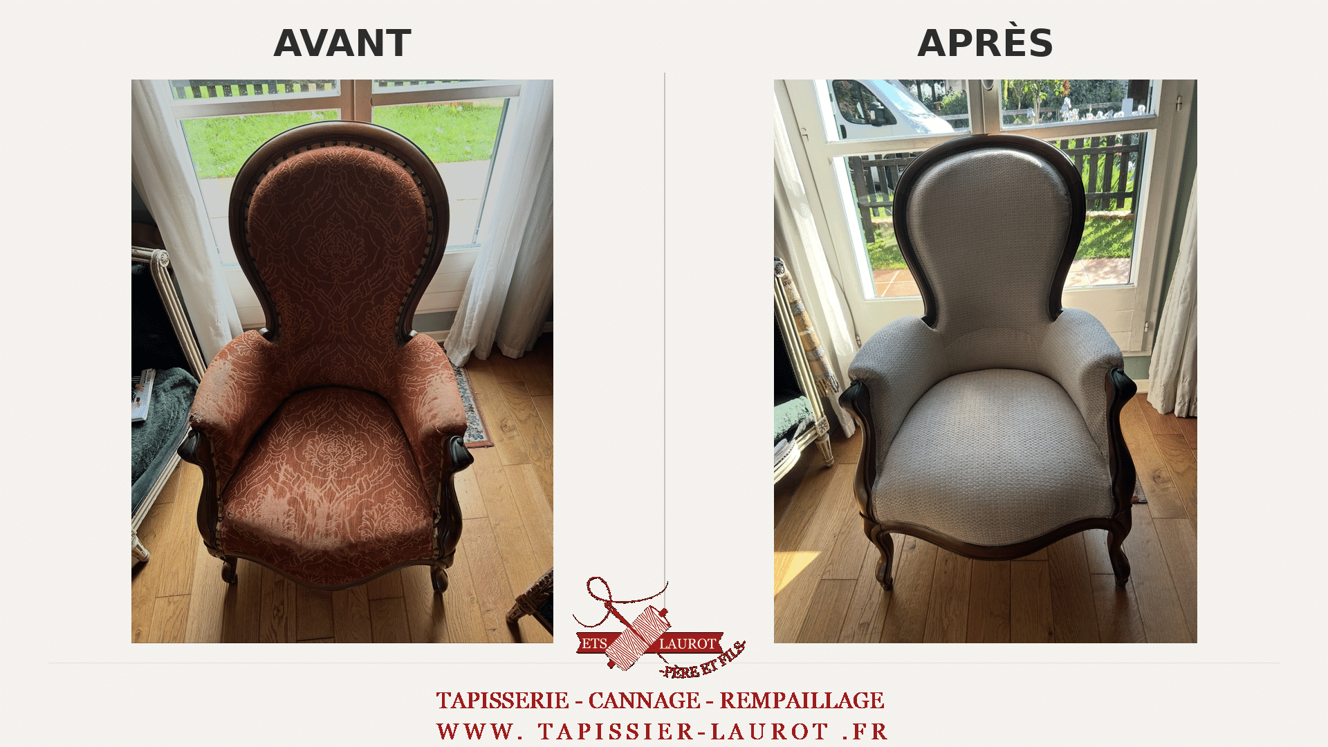 Réfection complète d’une bergère Napoléon III à Cergy dans le Val-d’Oise 95, avant après restauration par