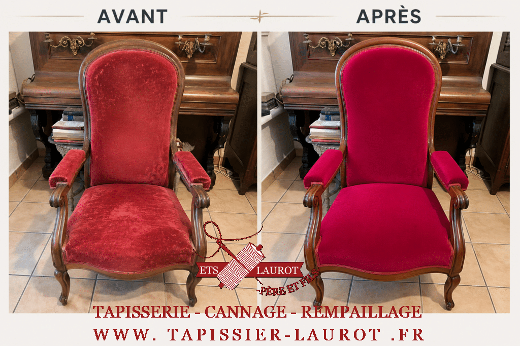 Avant après d’un fauteuil Voltaire de style Napoléon III restauré en garnissage traditionnel à L’Isle-Adam dans le Val-d’Oise.