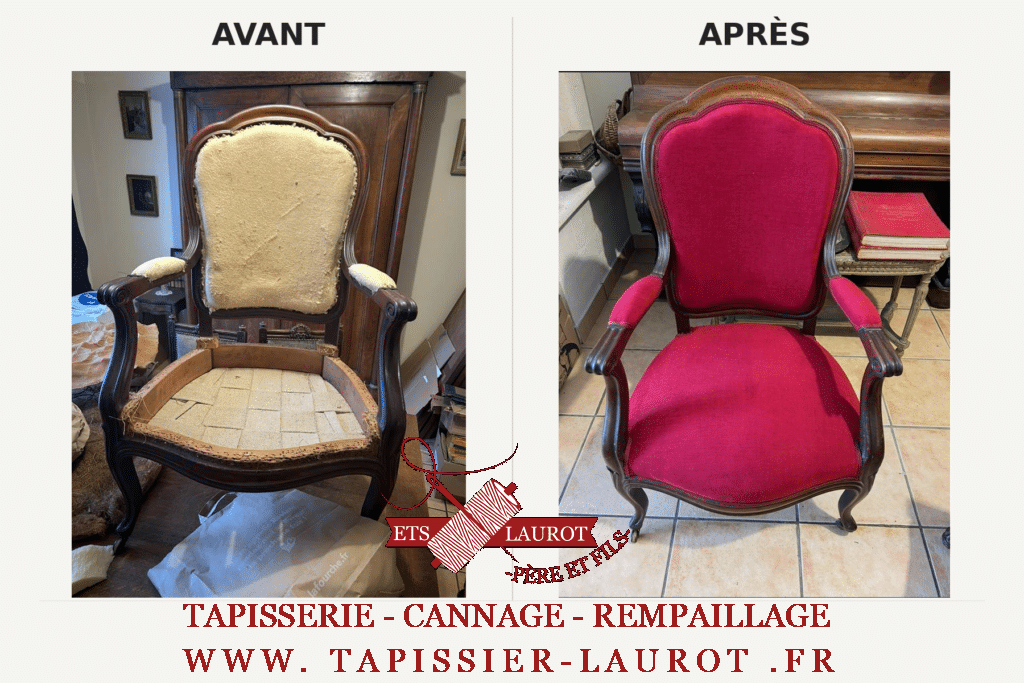 Avant après d’un fauteuil Louis-Philippe restauré en garnissage traditionnel à L’Isle-Adam dans le Val-d’Oise.