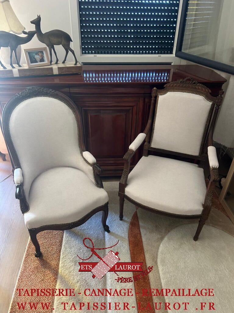 Réfection traditionnelle d’une bergère Louis XV et d’un fauteuil Louis XVI à Versailles