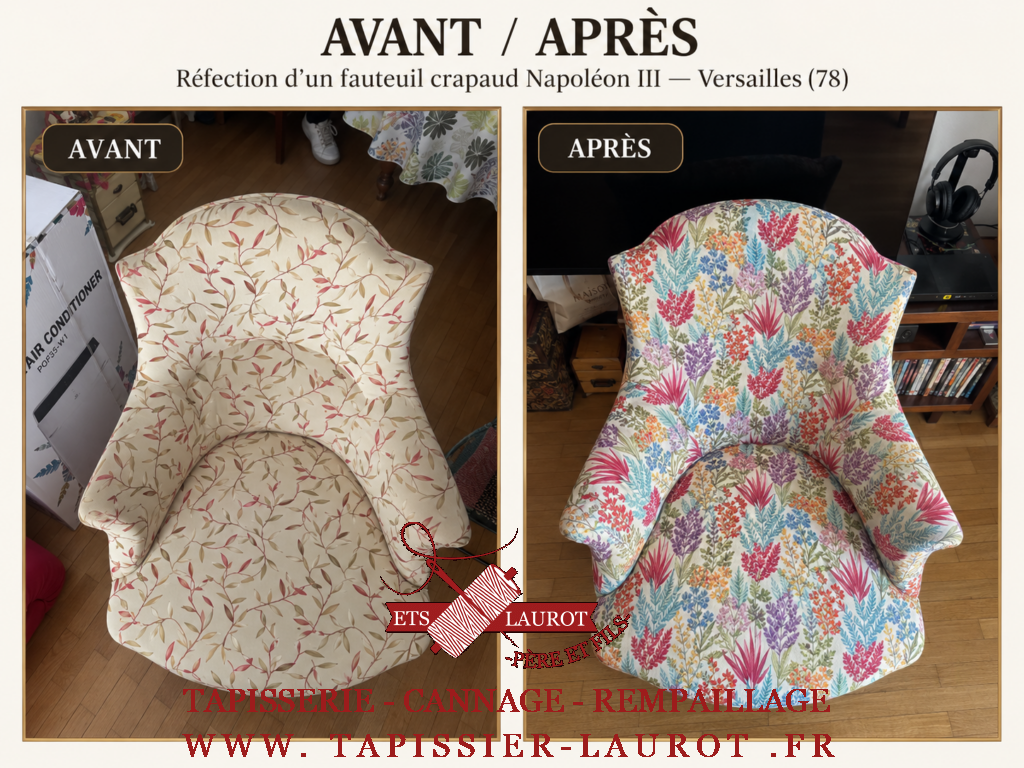 Avant après d'une restauration de fauteuil crapaud Napoléon 3 à Versailles (78)