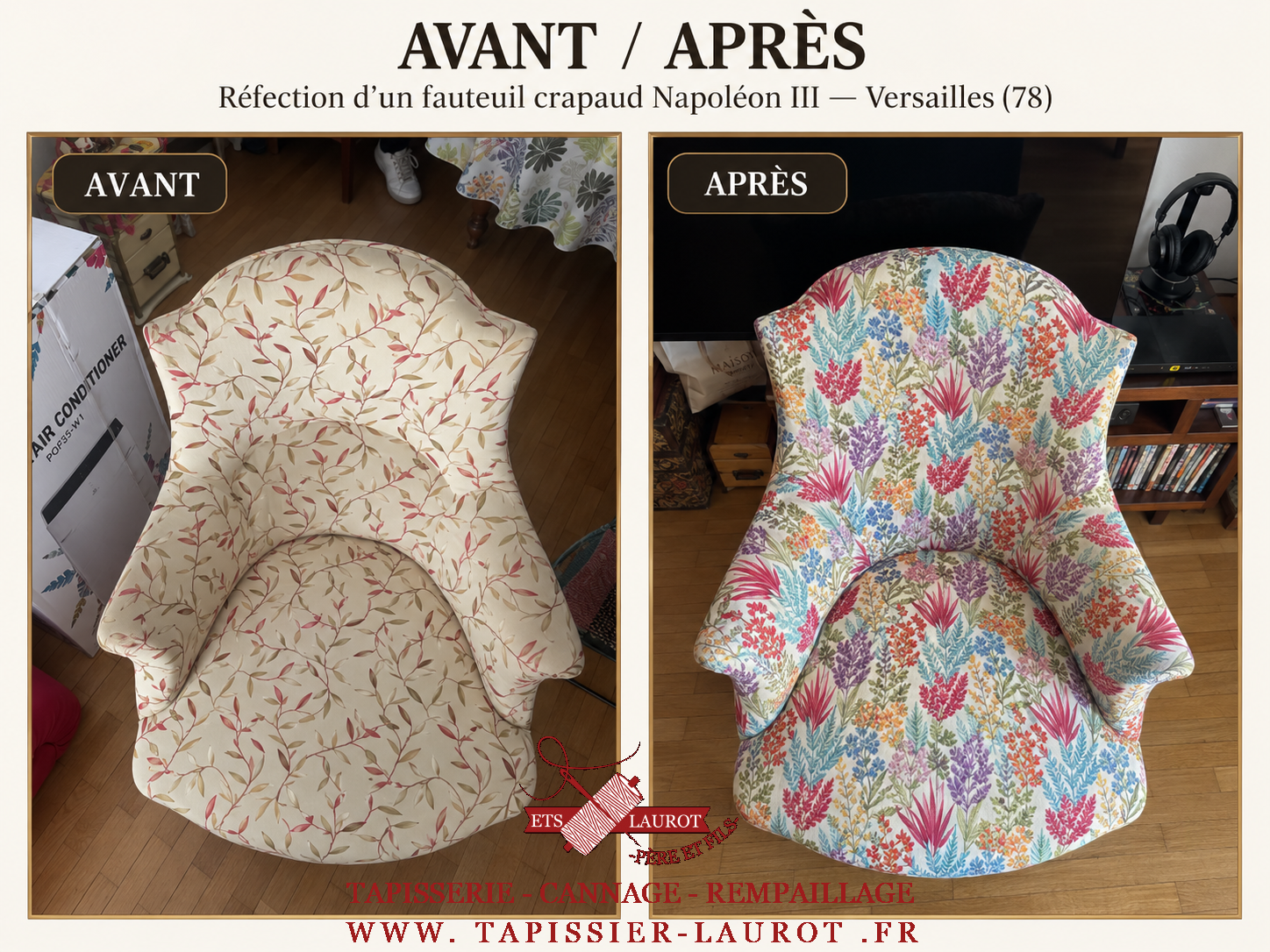 Avant après d'une restauration de fauteuil crapaud Napoléon 3 à Versailles (78)