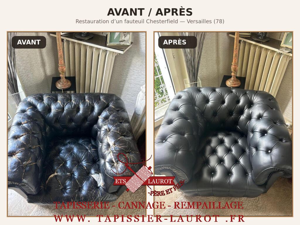 Avant et après la restauration d’un fauteuil Chesterfield en cuir noir à Versailles