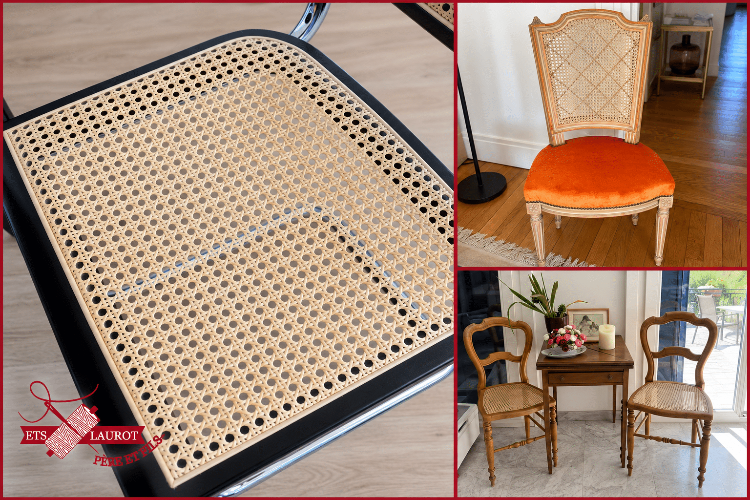 Cannage artisanal de chaises anciennes et modernes réalisé par Tapissier Laurot