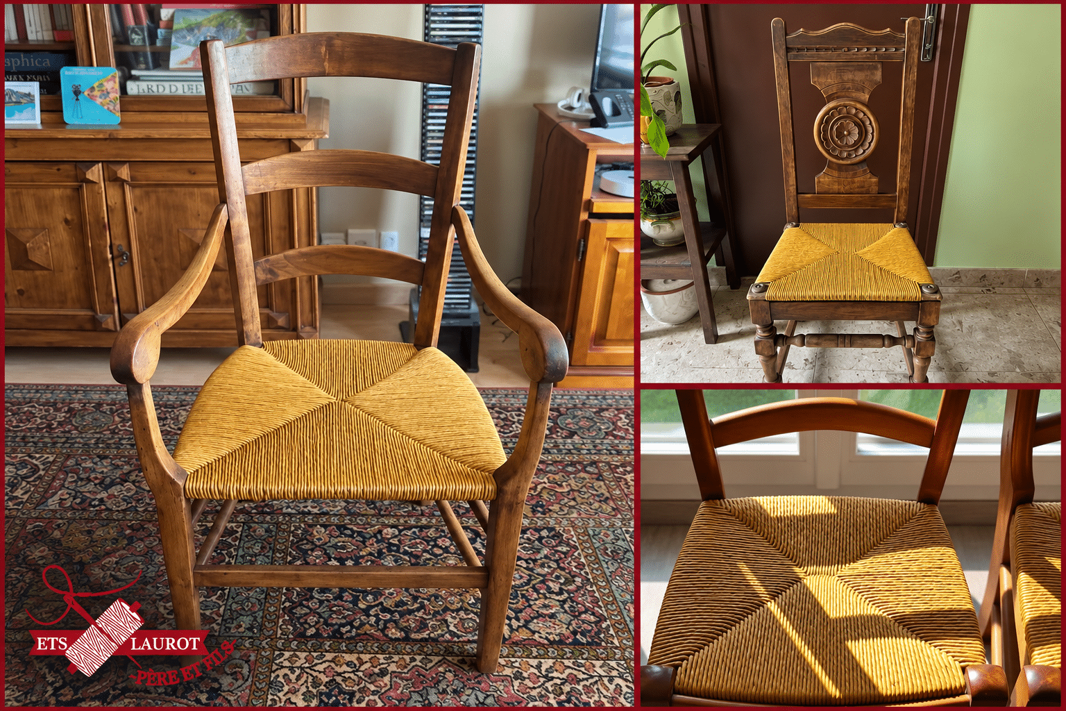 Chaises anciennes avec assises rempaillées en paille naturelle par Tapissier Laurot