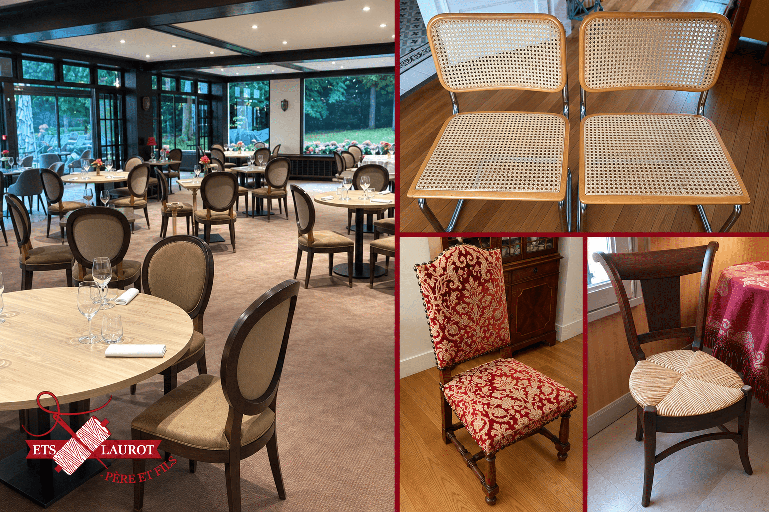 Chaises restaurées par Tapissier Laurot : sièges d’hôtel, chaises cannées, tapissées et rempaillées