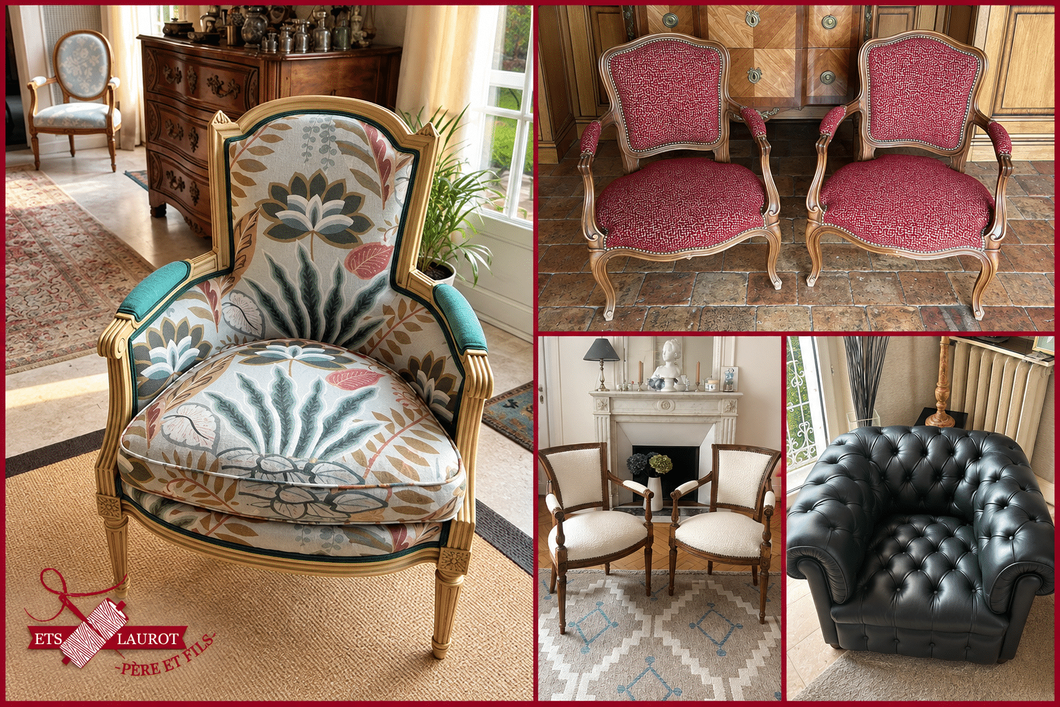 Fauteuils anciens et Chesterfield restaurés par Tapissier Laurot Père & Fils