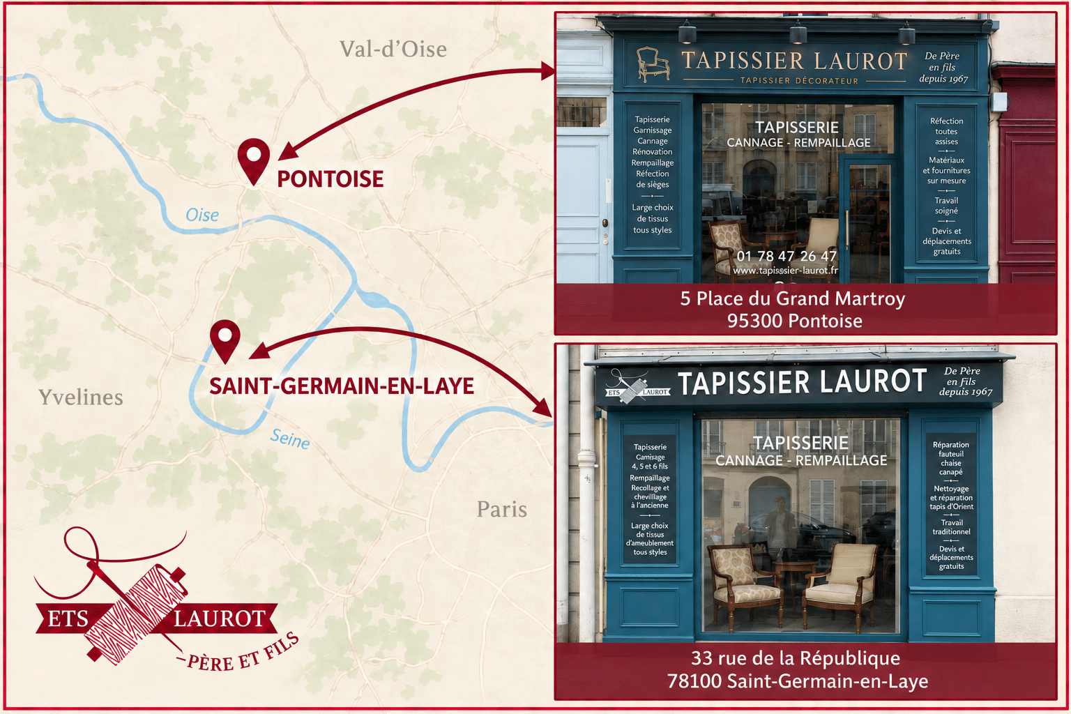 Carte des showrooms Tapissier Laurot à Pontoise et Saint-Germain-en-Laye avec les deux boutiques